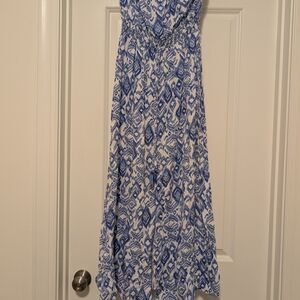 Blue and White Patterned Strapless Dress